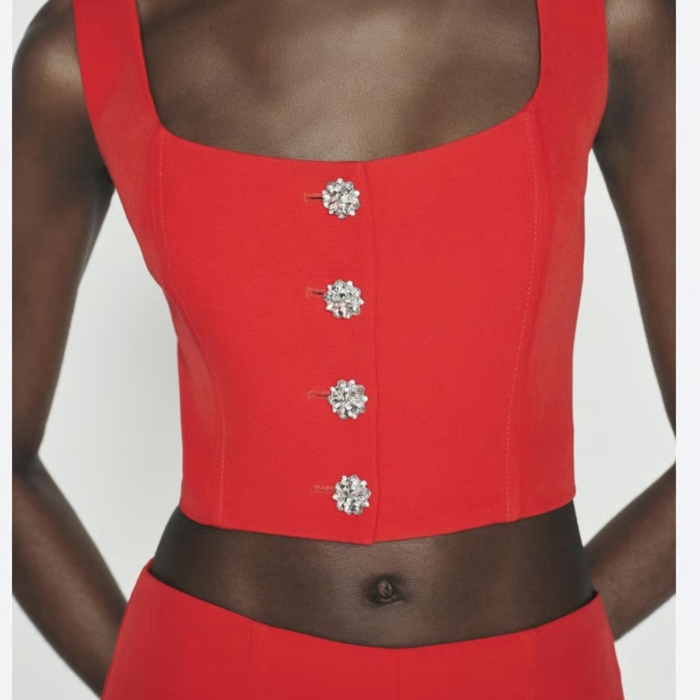 Zara Holiday Red Jewel Button Straight Neck Crop Top Bustier, Size XS